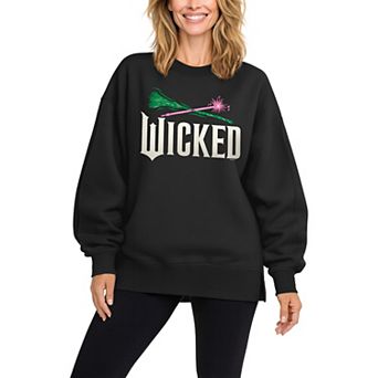 Women's Wicked For Good Graphic Broomstick & Wand Oversized Fleece Crew Sweatshirt