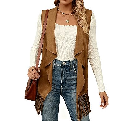 Women's Long Fringe Hem Vest Sleeveless Notch Lapel Open Front Duster Cardigan
