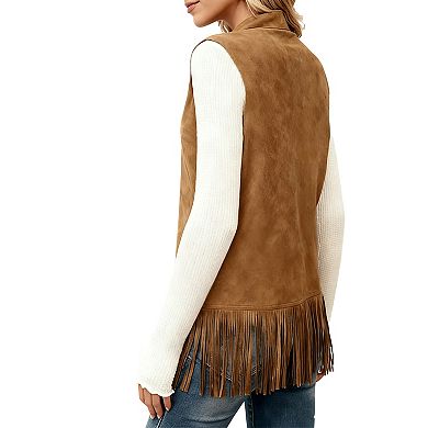 Women's Long Fringe Hem Vest Sleeveless Notch Lapel Open Front Duster Cardigan