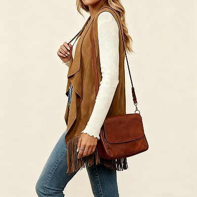 Women's Long Fringe Hem Vest Sleeveless Notch Lapel Open Front Duster Cardigan