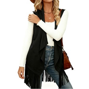 Women's Long Fringe Hem Vest Sleeveless Notch Lapel Open Front Duster Cardigan