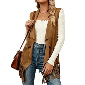 Women's Long Fringe Hem Vest Sleeveless Notch Lapel Open Front Duster Cardigan