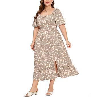 Plus Size Summer Dress Flutter Sleeve High Waist Elagant Maxi Dress Tie Front Side Slit with Pocket
