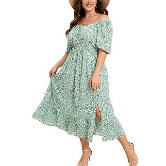 Plus Size Summer Dress Flutter Sleeve High Waist Elagant Maxi Dress Tie Front Side Slit with Pocket