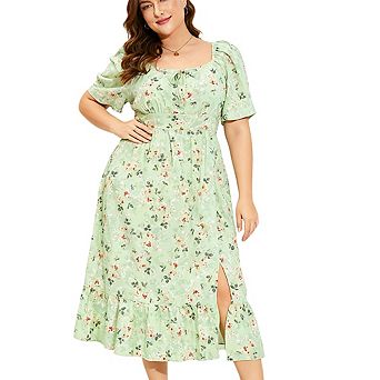 Plus Size Summer Dress Flutter Sleeve High Waist Elagant Maxi Dress Tie Front Side Slit with Pocket