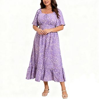 Plus Size Summer Dress Flutter Sleeve High Waist Elagant Maxi Dress Tie Front Side Slit with Pocket