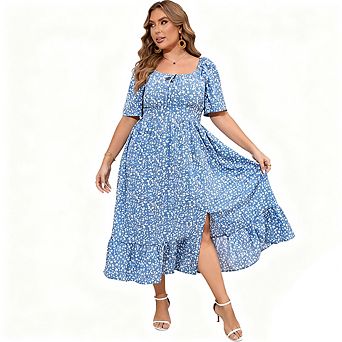 Plus Size Summer Dress Flutter Sleeve High Waist Elagant Maxi Dress Tie Front Side Slit with Pocket