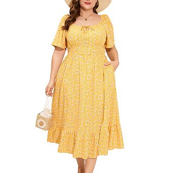 Plus Size Summer Dress Flutter Sleeve High Waist Elagant Maxi Dress Tie Front Side Slit with Pocket