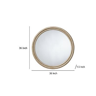 Riri Round Wall Mirror, 36 Inch Brown Wood Frame, Non Beveled Frame