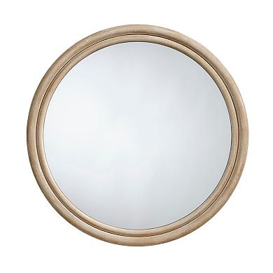 Riri Round Wall Mirror, 36 Inch Brown Wood Frame, Non Beveled Frame
