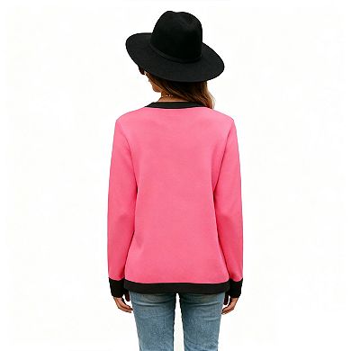 Women's Casual Color-Block V-Neck Long Sleeve Knit Open Front Sweater Cardigan with Side Pockets