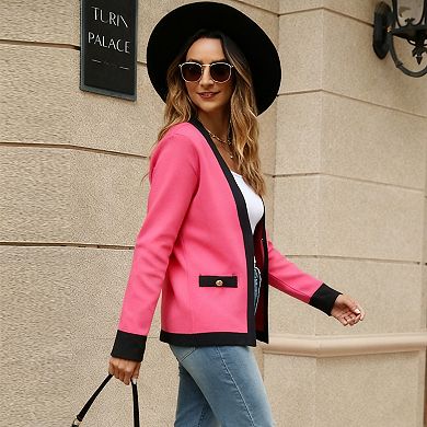 Women's Casual Color-Block V-Neck Long Sleeve Knit Open Front Sweater Cardigan with Side Pockets
