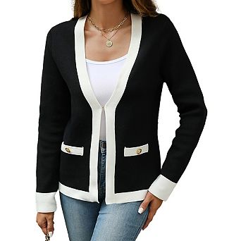 Women's Casual Color-Block V-Neck Long Sleeve Knit Open Front Sweater Cardigan with Side Pockets