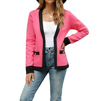 Women's Casual Color-Block V-Neck Long Sleeve Knit Open Front Sweater Cardigan with Side Pockets