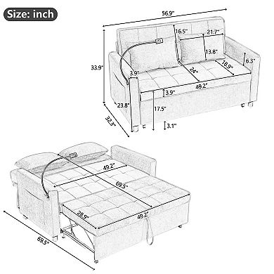 Whisen Pull-out Sofa Bed, Reversible Backrest Cushion, Side Pockets, 2 USB Ports, Phone Holder