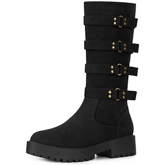 Women's Platform Goth Boots Buckles Round Toe Chunky Heel Knee High Boots