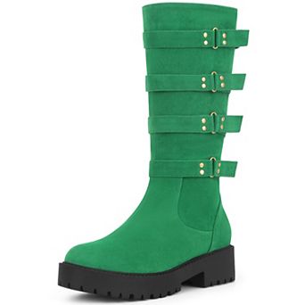 Women's Platform Goth Boots Buckles Round Toe Chunky Heel Knee High Boots