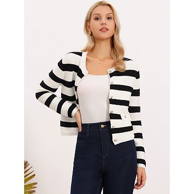 Striped Cardigan Sweater for Women's Long Sleeve Button Down Crewneck Knit Cardigans Coat