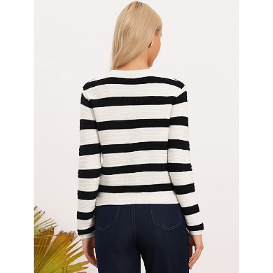 Striped Cardigan Sweater for Women's Long Sleeve Button Down Crewneck Knit Cardigans Coat