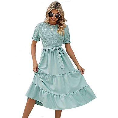 Women's Puff Short Sleeve Smocked Midi Dress Casual Elastic Waist Tiered A Line Maxi Dress