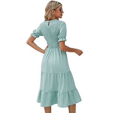 Women's Puff Short Sleeve Smocked Midi Dress Casual Elastic Waist Tiered A Line Maxi Dress