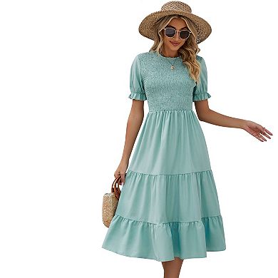 Women's Puff Short Sleeve Smocked Midi Dress Casual Elastic Waist Tiered A Line Maxi Dress