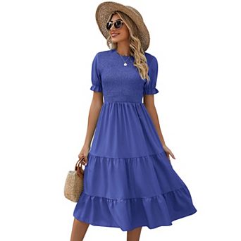 Women's Puff Short Sleeve Smocked Midi Dress Casual Elastic Waist Tiered A Line Maxi Dress