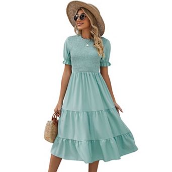 Women's Puff Short Sleeve Smocked Midi Dress Casual Elastic Waist Tiered A Line Maxi Dress