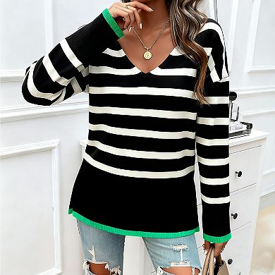 Women's V-Neck Striped Sweater Long Sleeve Color Block Side Slits Knit Top