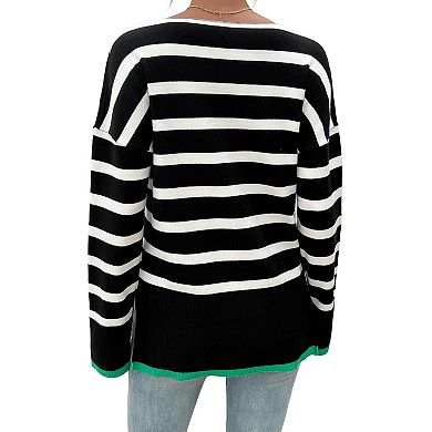 Women's V-Neck Striped Sweater Long Sleeve Color Block Side Slits Knit Top