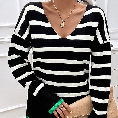 Women's V-Neck Striped Sweater Long Sleeve Color Block Side Slits Knit Top