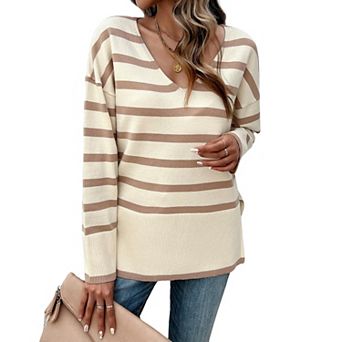 Women's V-Neck Striped Sweater Long Sleeve Color Block Side Slits Knit Top