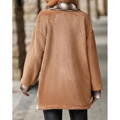 Womens Fuzzy Fleece Jacket Faux Fur Coat Button Down Coat Open Front Cardigan Outerwear with Pockets