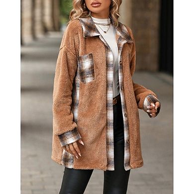 Womens Fuzzy Fleece Jacket Faux Fur Coat Button Down Coat Open Front Cardigan Outerwear with Pockets
