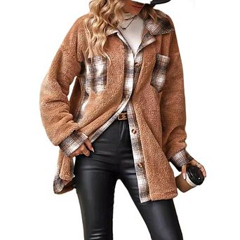 Womens Fuzzy Fleece Jacket Faux Fur Coat Button Down Coat Open Front Cardigan Outerwear with Pockets