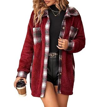Womens Fuzzy Fleece Jacket Faux Fur Coat Button Down Coat Open Front Cardigan Outerwear with Pockets