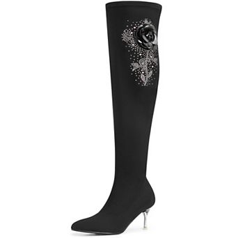 Rhinestone Flower Pointed Toe Stiletto Heel Over the Knee High Boots for Women