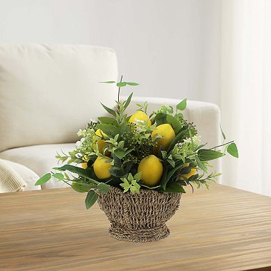 Everyday Decor Artificial Lemons & Greenery Arrangement in Wicker Bowl