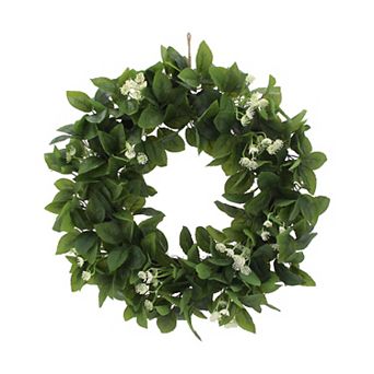 Everyday Decor Hydrangea Leaf & White Flower Artificial Wreath