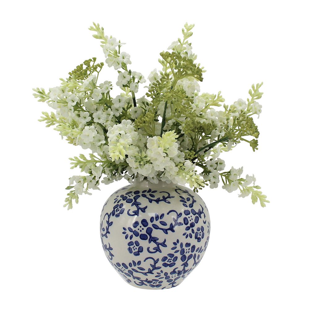 Everyday Decor Artificial Hydrangea Branch in Stamped Ceramic Vase
