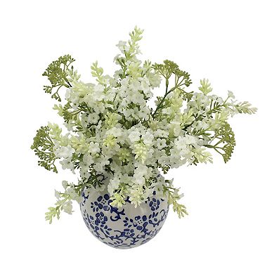 Everyday Decor Artificial Hydrangea Branch in Stamped Ceramic Vase