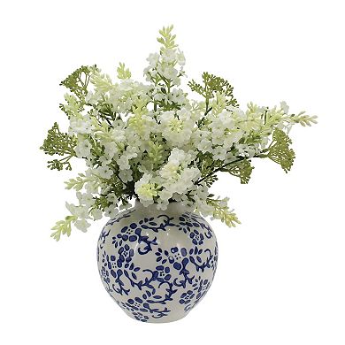 Everyday Decor Artificial Hydrangea Branch in Stamped Ceramic Vase