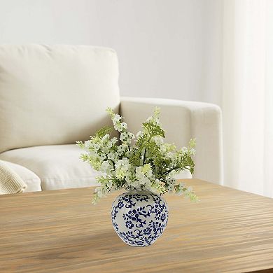 Everyday Decor Artificial Hydrangea Branch in Stamped Ceramic Vase