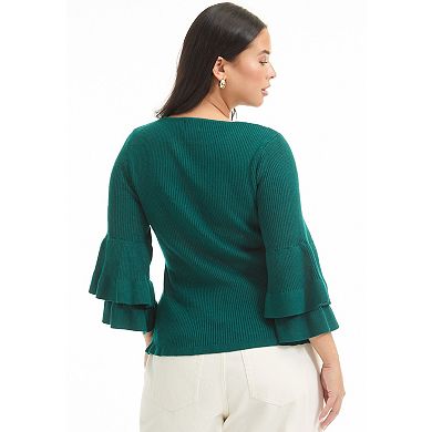 June + Vie Women's Plus Size Ruffled Long-Sleeve Sweater