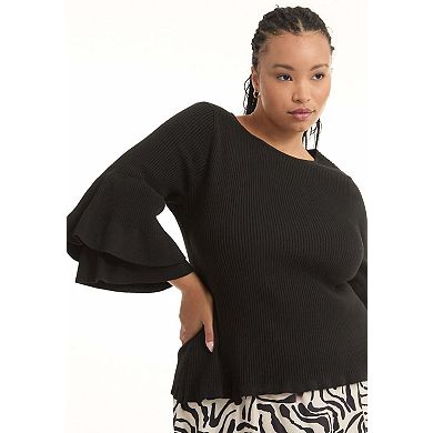 June & Vie Women's Plus Size Ruffled Long-Sleeve Sweater