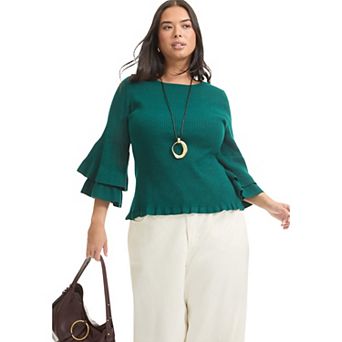 June & Vie Women's Plus Size Ruffled Long-Sleeve Sweater