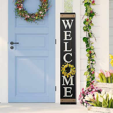 Glitzhome 60"H Wooden Welcome Porch Sign, Wall Hanging Decor with 4 Changeable Wreaths