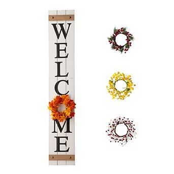 Glitzhome 60"H Wooden Welcome Porch Sign, Wall Hanging Decor with 4 Changeable Wreaths