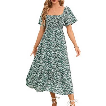 Maternity Dress Women's Square Neck Short Sleeve Baby Shower Photoshoot Smocked Maxi Dress