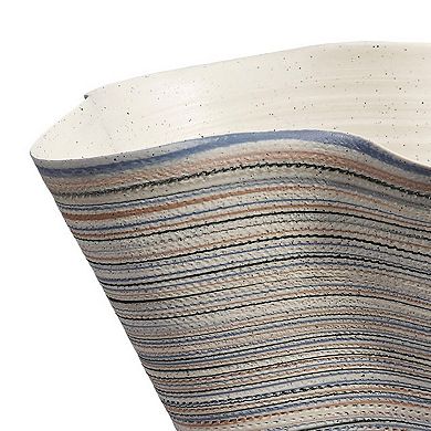 Kerya Decorative Vase, 16 Inch White Blue Striped, Wavy Rim Porcelain